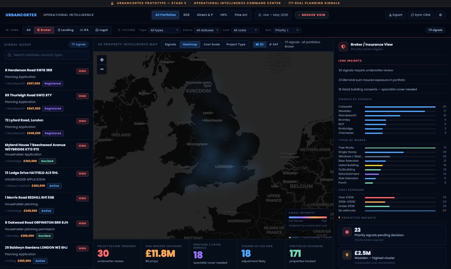 UrbanCortex broker intelligence — heatmap view showing construction activity density across the UK
