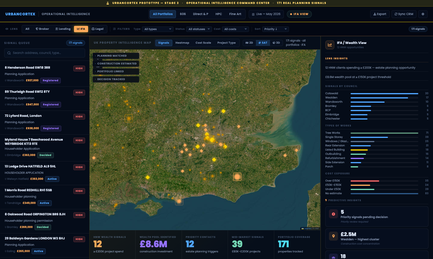UrbanCortex satellite intelligence view — planning signals overlaid on real UK imagery