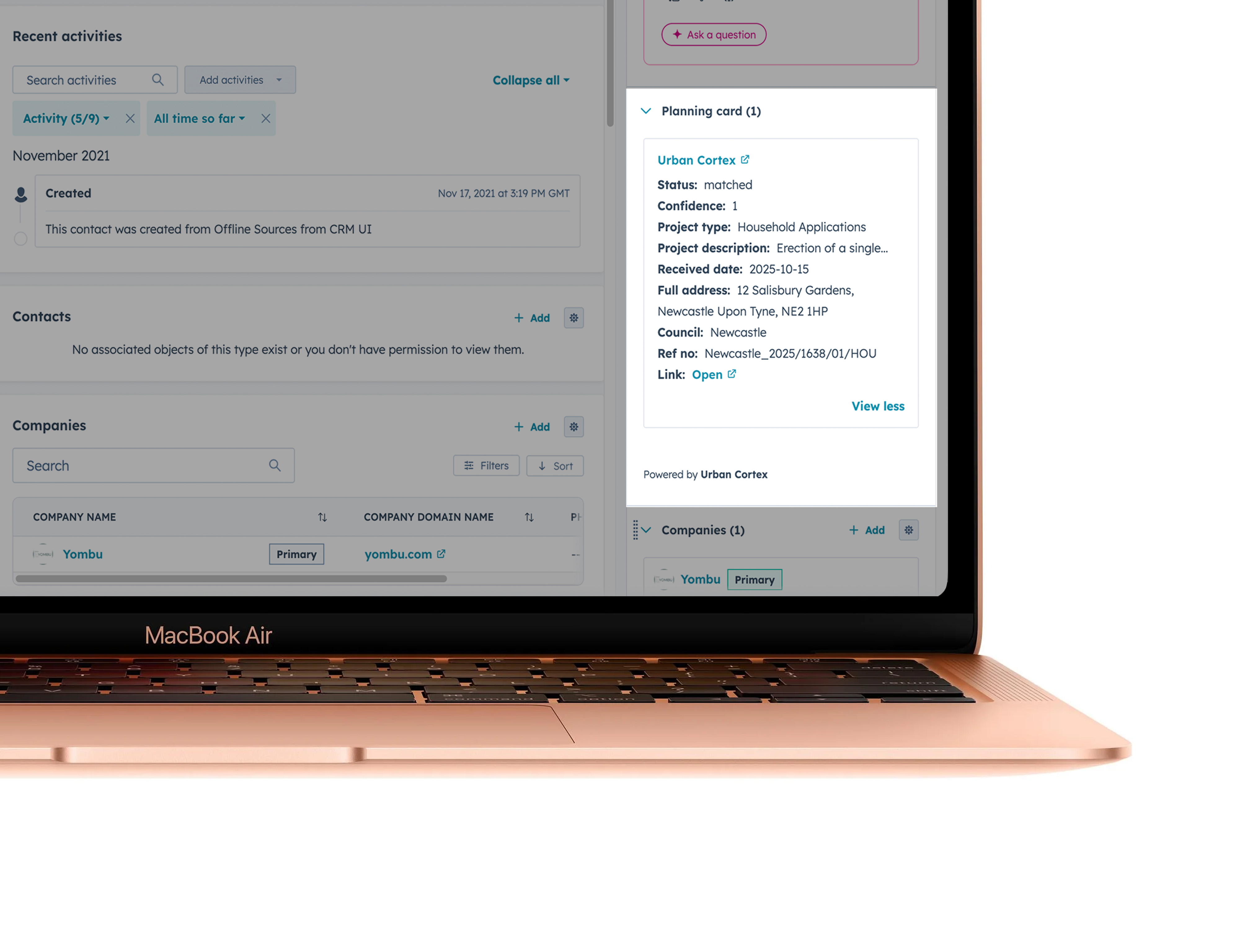 Zoomed view of the UrbanCortex planning card in HubSpot